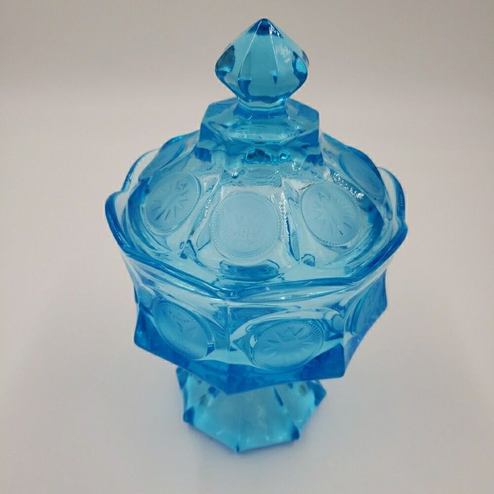 Fostoria Wedding Bowl with Lid Blue Glass Coin Medallion Covered Pedestal Dish - Picture 16 of 16
